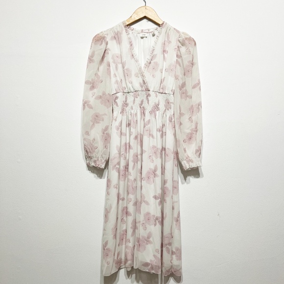 Wilfred Aritzia Faraway Puff Sleeve Smocked Chiffon Midi Tea Dress Cloudy Lilac - Picture 1 of 4